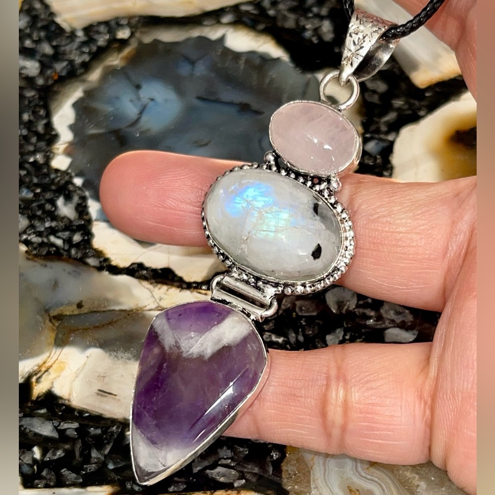 ❌SALE Crack Moonstone ❌ Rose Quartz, Amethyst Crystal Pendant 3 1/4” - Picture 6 of 17